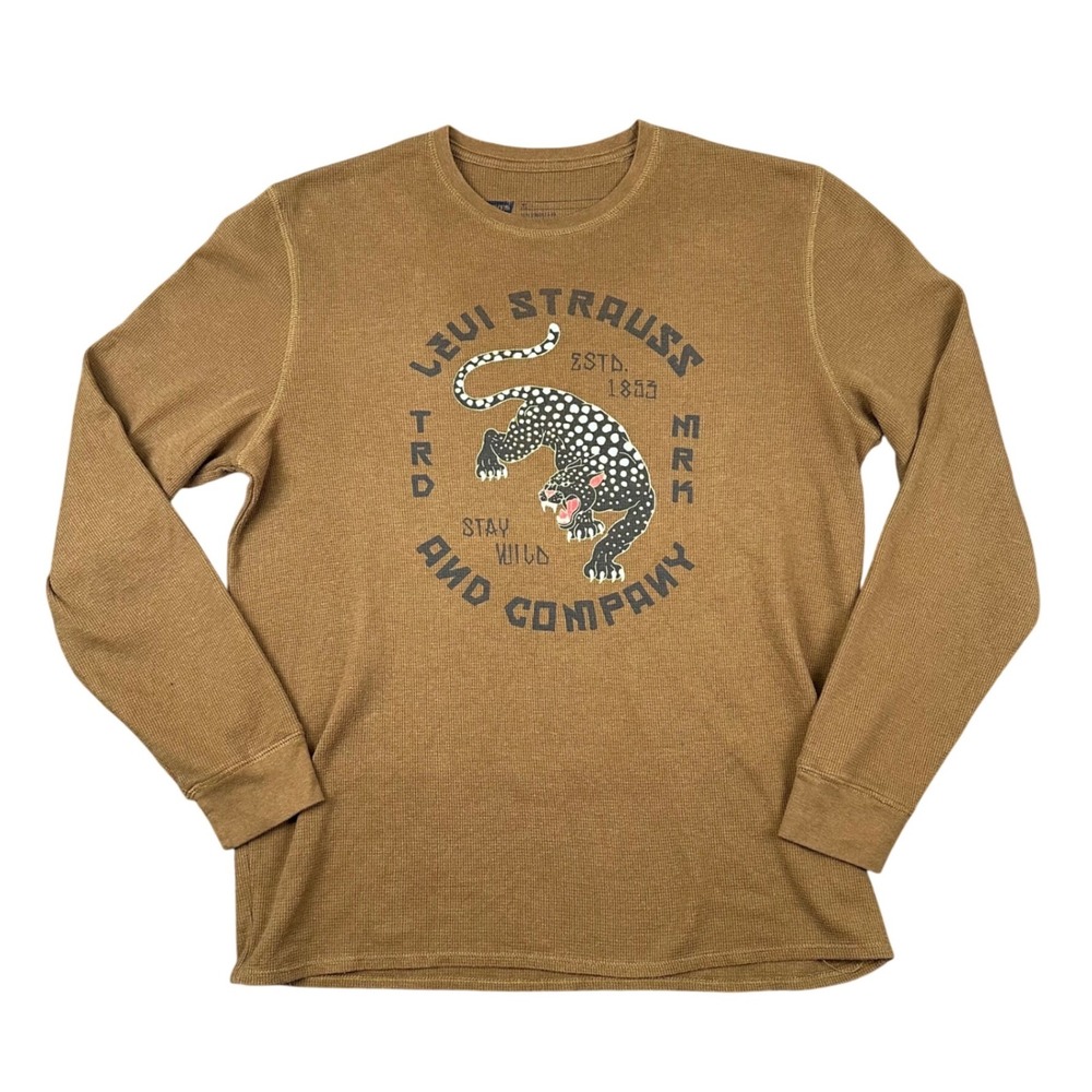 Levi's Long Sleeve Thermal Shirt Mens XL Brown Panther Graphic Waffle Knit - Picture 1 of 7
